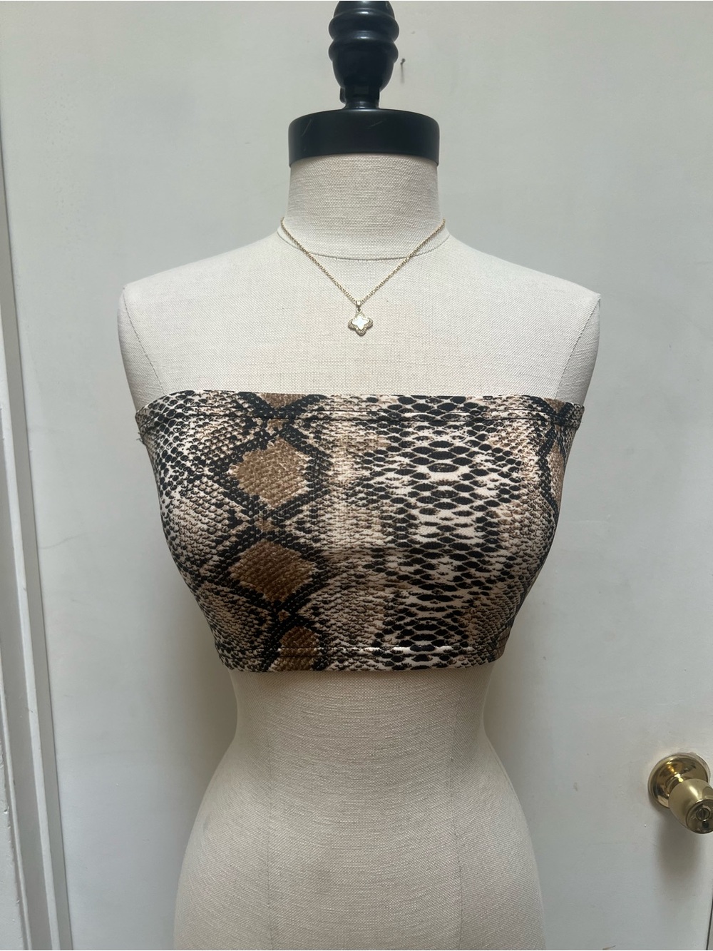 Snake Print Strapless Bandeau Top - Brown Black Cream